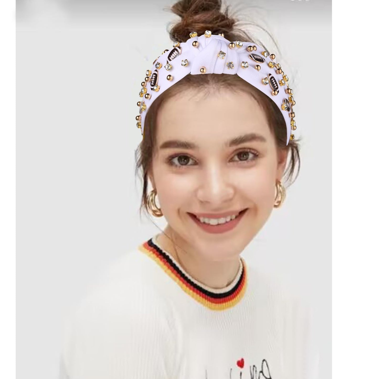 Football Headband for Women Football Mom Accessories Crystal Rhinestone Jeweled Wide Top Knot Headband Game Day Sports Hair Accessories Gift (White 2)