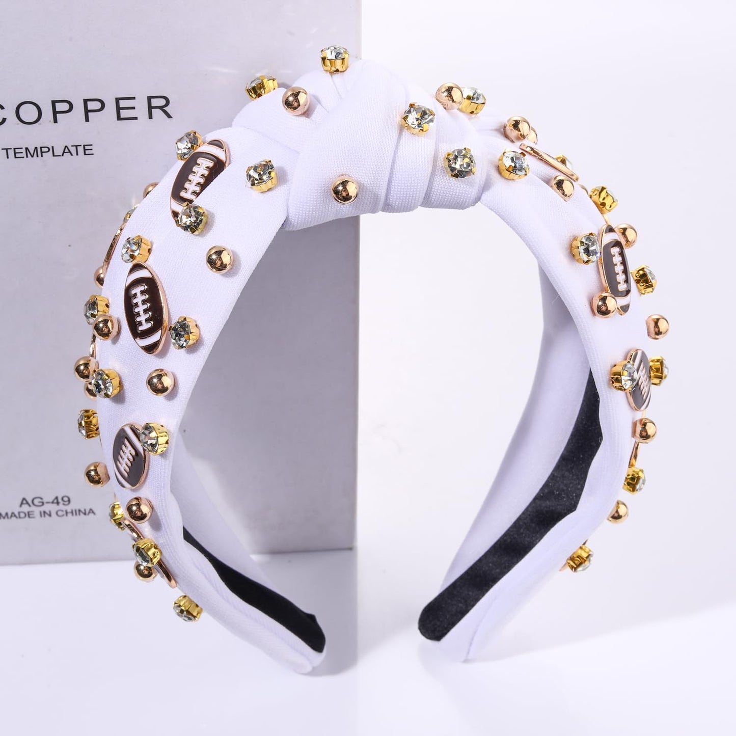 Football Headband for Women Football Mom Accessories Crystal Rhinestone Jeweled Wide Top Knot Headband Game Day Sports Hair Accessories Gift (White 2)