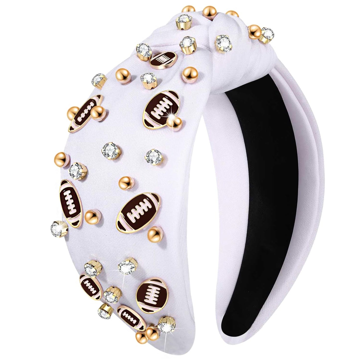 Football Headband for Women Football Mom Accessories Crystal Rhinestone Jeweled Wide Top Knot Headband Game Day Sports Hair Accessories Gift (White 2)