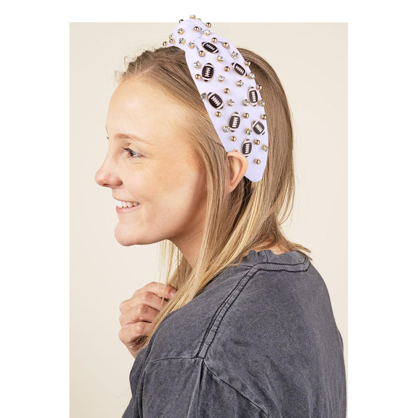 Football Headband for Women Football Mom Accessories Crystal Rhinestone Jeweled Wide Top Knot Headband Game Day Sports Hair Accessories Gift (White 2)