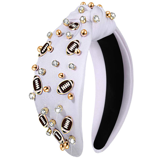Football Headband for Women Football Mom Accessories Crystal Rhinestone Jeweled Wide Top Knot Headband Game Day Sports Hair Accessories Gift (White 2)
